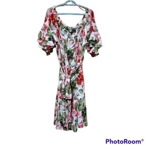 Gabby Skye Floral Tropical Tiered Sleeve Off Shoulder Midi Dress Plus Size 20W